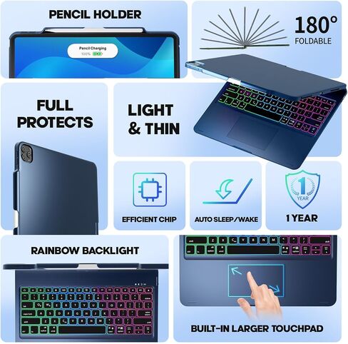 Nokbabo for iPad 13 Pro Case with لوحة مفاتيح Airboard و iPad Air 13 بوصة ، لوحة مفاتيح قوس قزح ، حامل قلم رصاص ، 360 درجة قابلة للتدوير ، متوافق مع iPad Pro 12.9 6th/5/4th/3rd - Matt Black in Kuwait