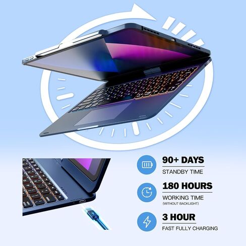 Nokbabo for iPad 13 Pro Case with لوحة مفاتيح Airboard و iPad Air 13 بوصة ، لوحة مفاتيح قوس قزح ، حامل قلم رصاص ، 360 درجة قابلة للتدوير ، متوافق مع iPad Pro 12.9 6th/5/4th/3rd - Matt Black in Kuwait