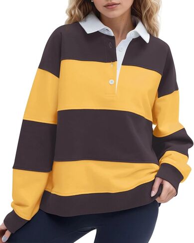 Women Striped Color Block Polo Sweatshirt Lapel Collared Long Sleeve Oversized Rugby Shirt 2025 Trendy Fall Clothes in Saudi Arabia