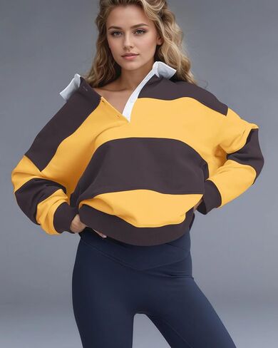 Women Striped Color Block Polo Sweatshirt Lapel Collared Long Sleeve Oversized Rugby Shirt 2025 Trendy Fall Clothes in Saudi Arabia