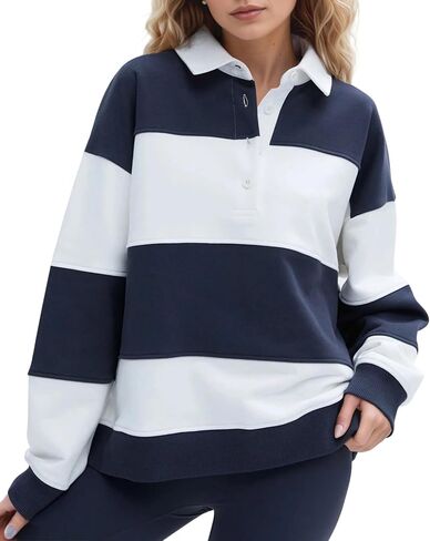 Women Striped Color Block Polo Sweatshirt Lapel Collared Long Sleeve Oversized Rugby Shirt 2025 Trendy Fall Clothes in Saudi Arabia