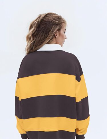 Women Striped Color Block Polo Sweatshirt Lapel Collared Long Sleeve Oversized Rugby Shirt 2025 Trendy Fall Clothes in Saudi Arabia