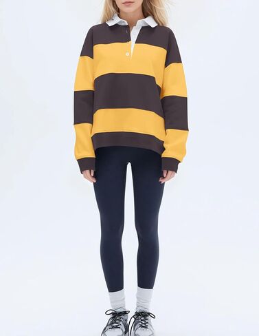 Women Striped Color Block Polo Sweatshirt Lapel Collared Long Sleeve Oversized Rugby Shirt 2025 Trendy Fall Clothes in Saudi Arabia