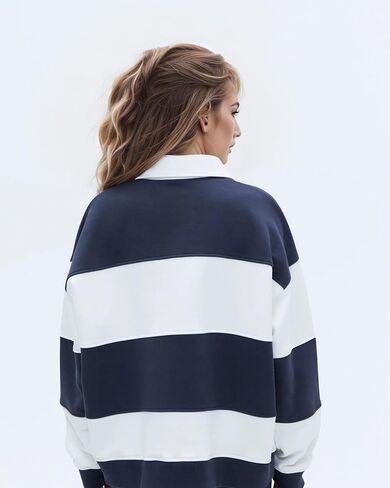 Women Striped Color Block Polo Sweatshirt Lapel Collared Long Sleeve Oversized Rugby Shirt 2025 Trendy Fall Clothes in Saudi Arabia