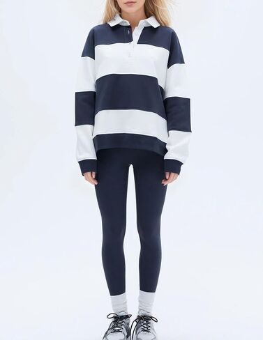 Women Striped Color Block Polo Sweatshirt Lapel Collared Long Sleeve Oversized Rugby Shirt 2025 Trendy Fall Clothes in Saudi Arabia