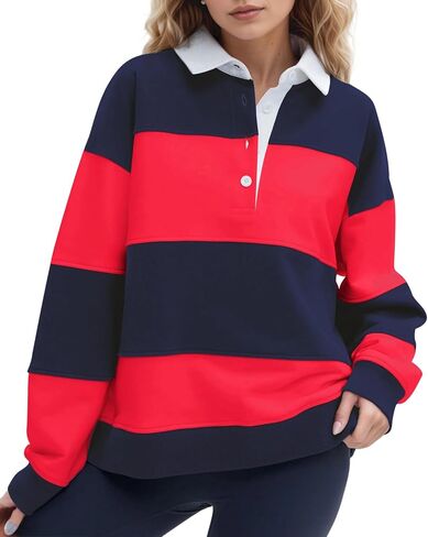 Women Striped Color Block Polo Sweatshirt Lapel Collared Long Sleeve Oversized Rugby Shirt 2025 Trendy Fall Clothes in Saudi Arabia