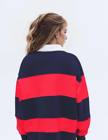 Women Striped Color Block Polo Sweatshirt Lapel Collared Long Sleeve Oversized Rugby Shirt 2025 Trendy Fall Clothes in Saudi Arabia