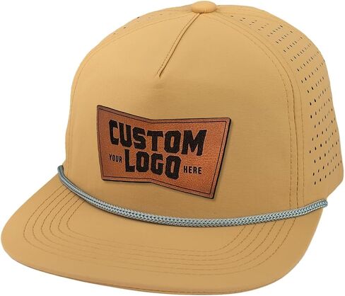 Custom Leather Patch Perforated Rope Hat - Engravable Leather Patch for Business Logo or Image (Straw/Silver Rope) in Saudi Arabia