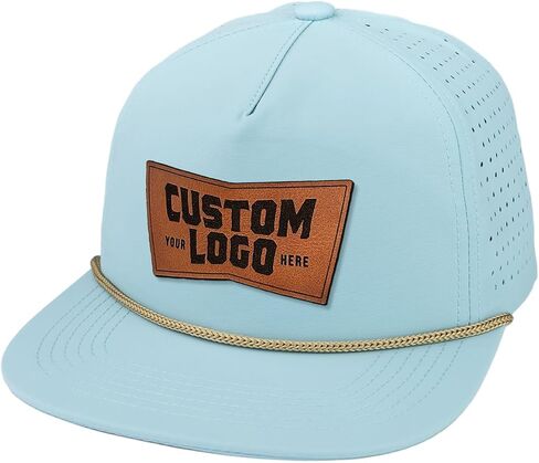 Custom Leather Patch Perforated Rope Hat - Engravable Leather Patch for Business Logo or Image (Straw/Silver Rope) in Saudi Arabia