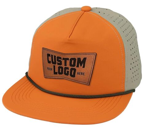 Custom Leather Patch Perforated Rope Hat - Engravable Leather Patch for Business Logo or Image (Straw/Silver Rope) in Kuwait