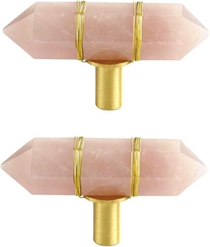 Drawer Pulls， Wood Pull Handles ，Cabinet Knob 2 Pcs Single Hole Natural Crystal Cabinet Wardrobe Door Drawer Door Brass Handle Pink Gold Wire Wound Rose Quartz(Pink Gold Silk Wrapped Rose Quartz) in Kuwait