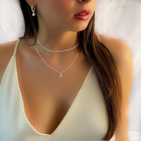 Annika Bella Necklace Set, Tiny Heart Charm Necklace, 925 Sterling Silver Chain Choker, Stackable Layering Set, Gift for Valentine's Day (2Pc's) in Saudi Arabia
