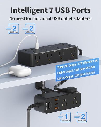 Dual Layer Desk Clamp Power Strip, Under Desk Surge Protector with 17 Outlets 7 USB Ports (3 USB C), 10 Ft Extension Cord with 1700 Joules, Desktop Charging Station for Office Home, Black in Saudi Arabia