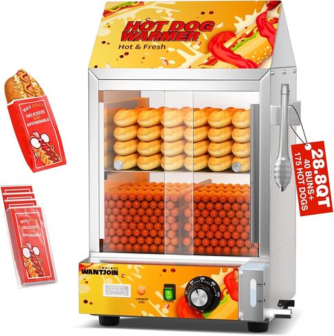 2-Tier Electric Hot Dog Steamer with Bun Warmer - 27L/28.5 QT Capacity, Holds 175 Hot Dogs & 40 Buns, Visible Glass Slide Doors, Red, Perfect for Commercial & Home Use in Saudi Arabia