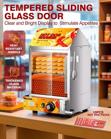 2-Tier Electric Hot Dog Steamer with Bun Warmer - 27L/28.5 QT Capacity, Holds 175 Hot Dogs & 40 Buns, Visible Glass Slide Doors, Red, Perfect for Commercial & Home Use in Saudi Arabia