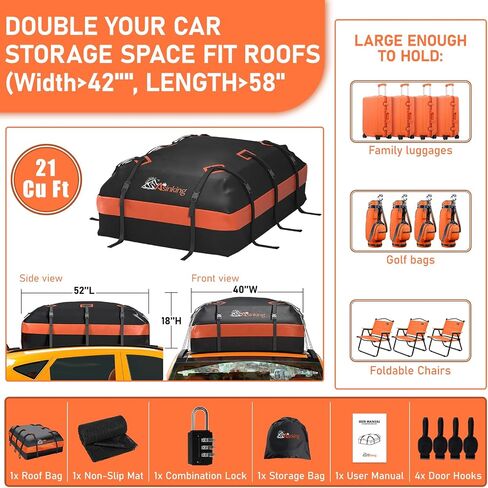 حقيبة سقف السيارة Asinking Car Rooftop Bag Cargo Carger 15 قدمًا مكعبة مقاومة للماء لجميع السيارات مع/بدون رف ، تشمل حصيرة مضادة للانزلاق ، 10 أحزمة مقواة ، 6 خطافات من الأبواب ، قفل الأمتعة in Kuwait