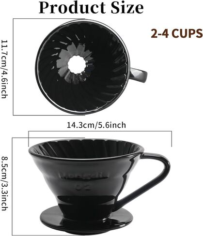 Mongdio Pour Over Coffee Maker, Ceramic Pour Over Dripper, Coffee Pour Over with 3 Holes Flat Bottom, Coffee Accessories for Home, Size 02 Black in Kuwait