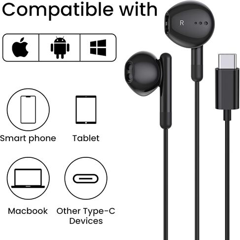 سماعات رأس USB C لهاتف iPhone 17 16 15 Pro Max Plus iPad Pro USB C مع ميكروفون للتحكم في مستوى الصوت USB C سماعات أذن سلكية USB نوع C سماعة أذن لـ Google Pixel 9 Samsung S26 S25 S24 S23 S22 A55 A17 in Kuwait