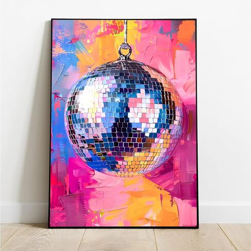 Trendy Soft Pink Disco Ball Canvas Wall Art Funky Girl Silver Mirrorball Textured Poster Maximalist Preppy Print Vintage 70s Bar Cart Dopamine Wall Decor for Girly Dorm Bedroom 12x16in Unframed in Saudi Arabia
