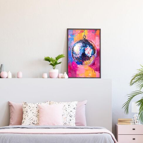 Trendy Soft Pink Disco Ball Canvas Wall Art Funky Girl Silver Mirrorball Textured Poster Maximalist Preppy Print Vintage 70s Bar Cart Dopamine Wall Decor for Girly Dorm Bedroom 12x16in Unframed in Saudi Arabia