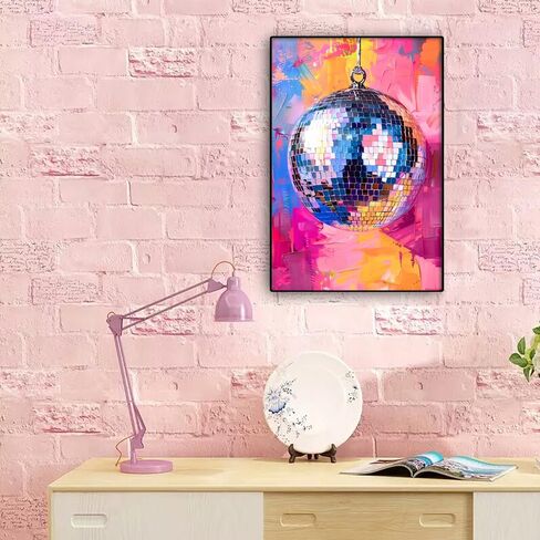 Trendy Soft Pink Disco Ball Canvas Wall Art Funky Girl Silver Mirrorball Textured Poster Maximalist Preppy Print Vintage 70s Bar Cart Dopamine Wall Decor for Girly Dorm Bedroom 12x16in Unframed in Saudi Arabia