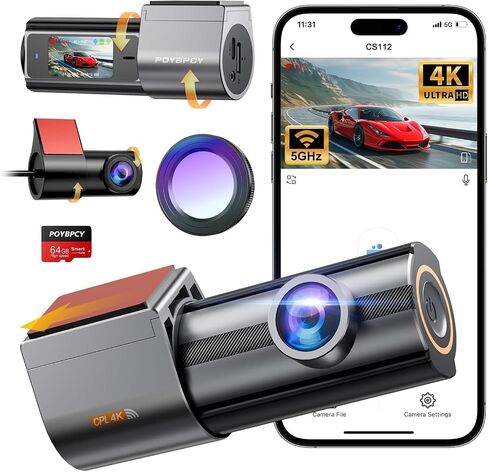 Dash Cam Front 4K, Built-in 5GHz WiFi with CPL, Car Camera Dashcam with UHD 2160P, 64GB Card, 24H Parking Monitor, Super Night Vision, WDR, G-Sensor, App Control, 170° Wide Angle, Support 256GB Max in Saudi Arabia