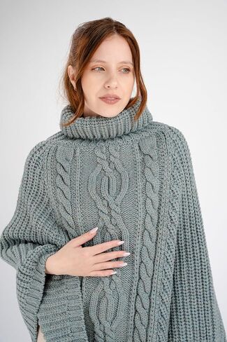SAOL 100 ٪ Merino Wool Cable Knit Ladies Irish Aran Poncho Cardigan in Saudi Arabia