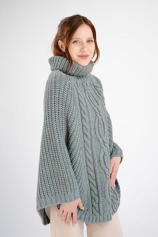 SAOL 100 ٪ Merino Wool Cable Knit Ladies Irish Aran Poncho Cardigan in Saudi Arabia