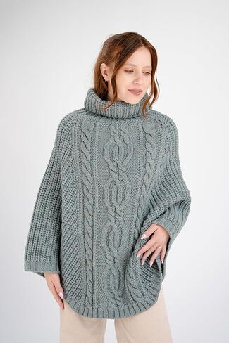 SAOL 100 ٪ Merino Wool Cable Knit Ladies Irish Aran Poncho Cardigan in Saudi Arabia