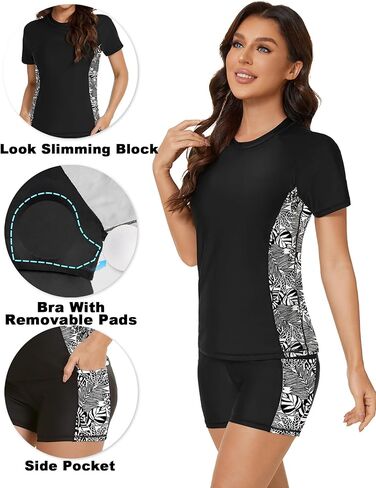 قميص سباحة للسيدات من Tournesol بأكمام قصيرة مكون من قطعتين مع شورت ملابس سباحة مع حمالة صدر بدلة استحمام مقاس كبير مع جيب in Kuwait