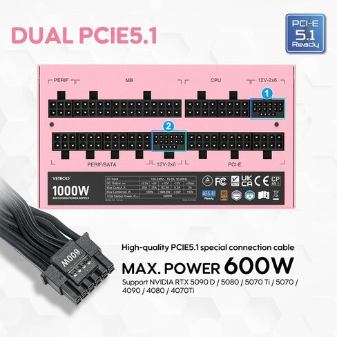 Vetroo 850W Power Supply Dual PCIe 5.1 ATX 3.1 Ready, 80 Plus Gold Full Modular, Quiet Operation with 120mm FDB Fan, 10-Year Warranty - White in Kuwait