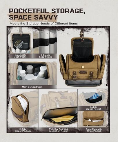 ARCFOX Travel Hanging Toiletry Bag for Men, Vintage Canvas Large Toiletry Bag with 7 Compartments, Camping Gym Travel Toiletry Kit Organizer with PVC Wet & Dry Pockets, Personalized Wash Bag, Brown in Saudi Arabia