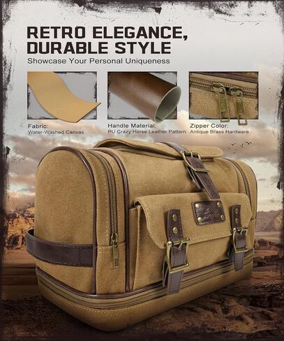 ARCFOX Travel Hanging Toiletry Bag for Men, Vintage Canvas Large Toiletry Bag with 7 Compartments, Camping Gym Travel Toiletry Kit Organizer with PVC Wet & Dry Pockets, Personalized Wash Bag, Brown in Saudi Arabia