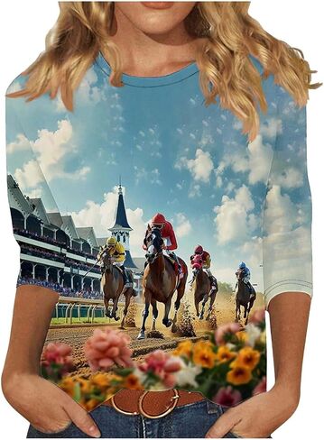 Horses Lover Shirt for Women Horse Racing Tops Tshirt Funny 3/4 Sleeve T-Shirt Casual Animal Graphic Tees in Saudi Arabia