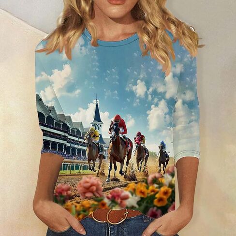 Horses Lover Shirt for Women Horse Racing Tops Tshirt Funny 3/4 Sleeve T-Shirt Casual Animal Graphic Tees in Saudi Arabia