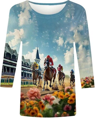 Horses Lover Shirt for Women Horse Racing Tops Tshirt Funny 3/4 Sleeve T-Shirt Casual Animal Graphic Tees in Saudi Arabia