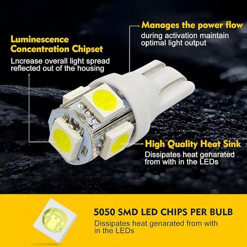 10PCS T10 LED Car Light Bulb, 12V 6000K Automotive Wedge 194 168 2825 5050 5SMD LED Bulb Chips Dome Lights, Universal for Vehicle Map Door Courtesy License Plate Lights and More（White） in Saudi Arabia