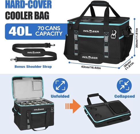 INSMEER Soft Cooler Bag with Hard Shell & 2 Cup Holders, Portable 40L/70 Cans Collapsible Cooler Bags Insulated with Leakproof for Travel, ice chests and Cooler Lunch Box for Beach Camping Picnic in Kuwait