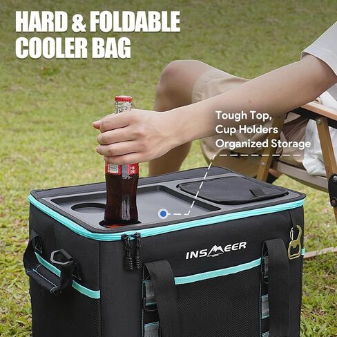 INSMEER Soft Cooler Bag with Hard Shell & 2 Cup Holders, Portable 40L/70 Cans Collapsible Cooler Bags Insulated with Leakproof for Travel, ice chests and Cooler Lunch Box for Beach Camping Picnic in Kuwait