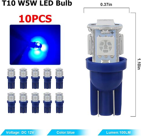 10PCS T10 LED Car Light Bulb, 12V 6000K Automotive Wedge 194 168 2825 5050 5SMD LED Bulb Chips Dome Lights, Universal for Vehicle Map Door Courtesy License Plate Lights and More（White） in Saudi Arabia