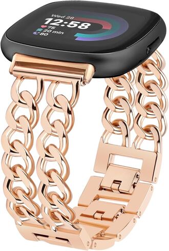 JR.DM Gold Watch Bands for Women Compatible with Fitbit Versa 4/Versa 3/Fitbit Sense 2/Sense Band Adjustable Metal Strap Cowboy Steel Chain Bracelet in Saudi Arabia