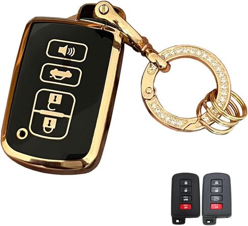 TPU Soft TPU لغطاء Toyota Key FOB مع ملحق السلسلة المفاتيح يناسب Toyota Camry Avalon Corolla Highlander RAV4 Sequoia Smart Keys (4-Button-Black) in Kuwait