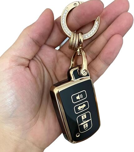 TPU Soft TPU لغطاء Toyota Key FOB مع ملحق السلسلة المفاتيح يناسب Toyota Camry Avalon Corolla Highlander RAV4 Sequoia Smart Keys (4-Button-Black) in Kuwait