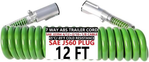 7-Way Coiled Straight Trailer Cord 12FT 15FT Heavy Duty -85°F Cold Resistant ABS Power Cable for Semi/Truck/RV/Trailers True 4/12+2/10+1/8 AWG (12FT Spring Wire) in Saudi Arabia
