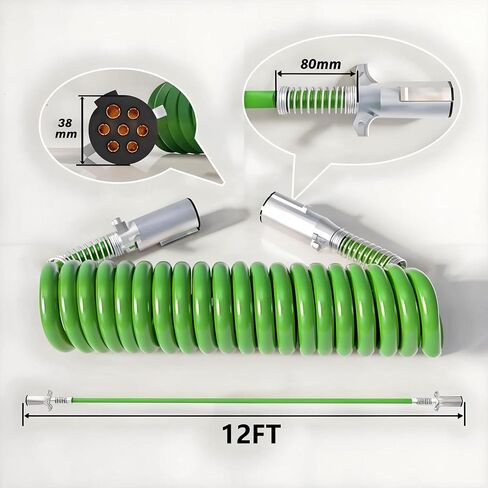 7-Way Coiled Straight Trailer Cord 12FT 15FT Heavy Duty -85°F Cold Resistant ABS Power Cable for Semi/Truck/RV/Trailers True 4/12+2/10+1/8 AWG (12FT Spring Wire) in Saudi Arabia