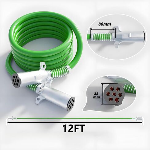 7-Way Coiled Straight Trailer Cord 12FT 15FT Heavy Duty -85°F Cold Resistant ABS Power Cable for Semi/Truck/RV/Trailers True 4/12+2/10+1/8 AWG (12FT Spring Wire) in Saudi Arabia