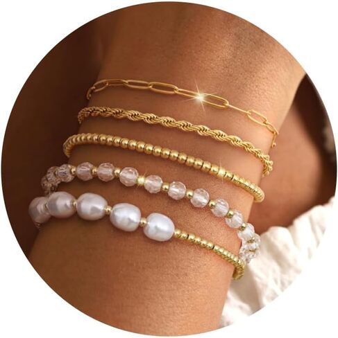 Florideco Gold Beaded Bracelets for Women, Dainty 14K Gold Plated Pearl Bracelet Stack, Non Tarnish Stackable Paperclip Twisted Link Chain Bracelet Trendy Jewelry Gift Pack in Saudi Arabia