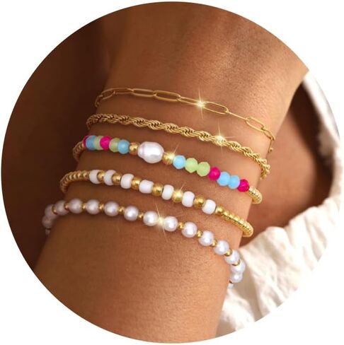 Florideco Gold Beaded Bracelets for Women, Dainty 14K Gold Plated Pearl Bracelet Stack, Non Tarnish Stackable Paperclip Twisted Link Chain Bracelet Trendy Jewelry Gift Pack in Saudi Arabia