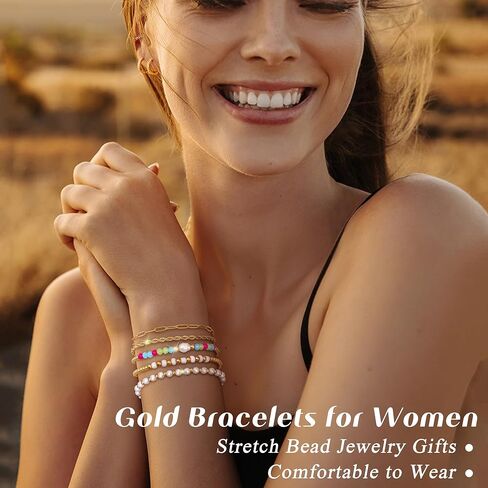 Florideco Gold Beaded Bracelets for Women, Dainty 14K Gold Plated Pearl Bracelet Stack, Non Tarnish Stackable Paperclip Twisted Link Chain Bracelet Trendy Jewelry Gift Pack in Saudi Arabia
