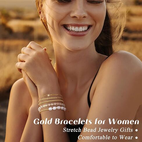 Florideco Gold Beaded Bracelets for Women, Dainty 14K Gold Plated Pearl Bracelet Stack, Non Tarnish Stackable Paperclip Twisted Link Chain Bracelet Trendy Jewelry Gift Pack in Saudi Arabia